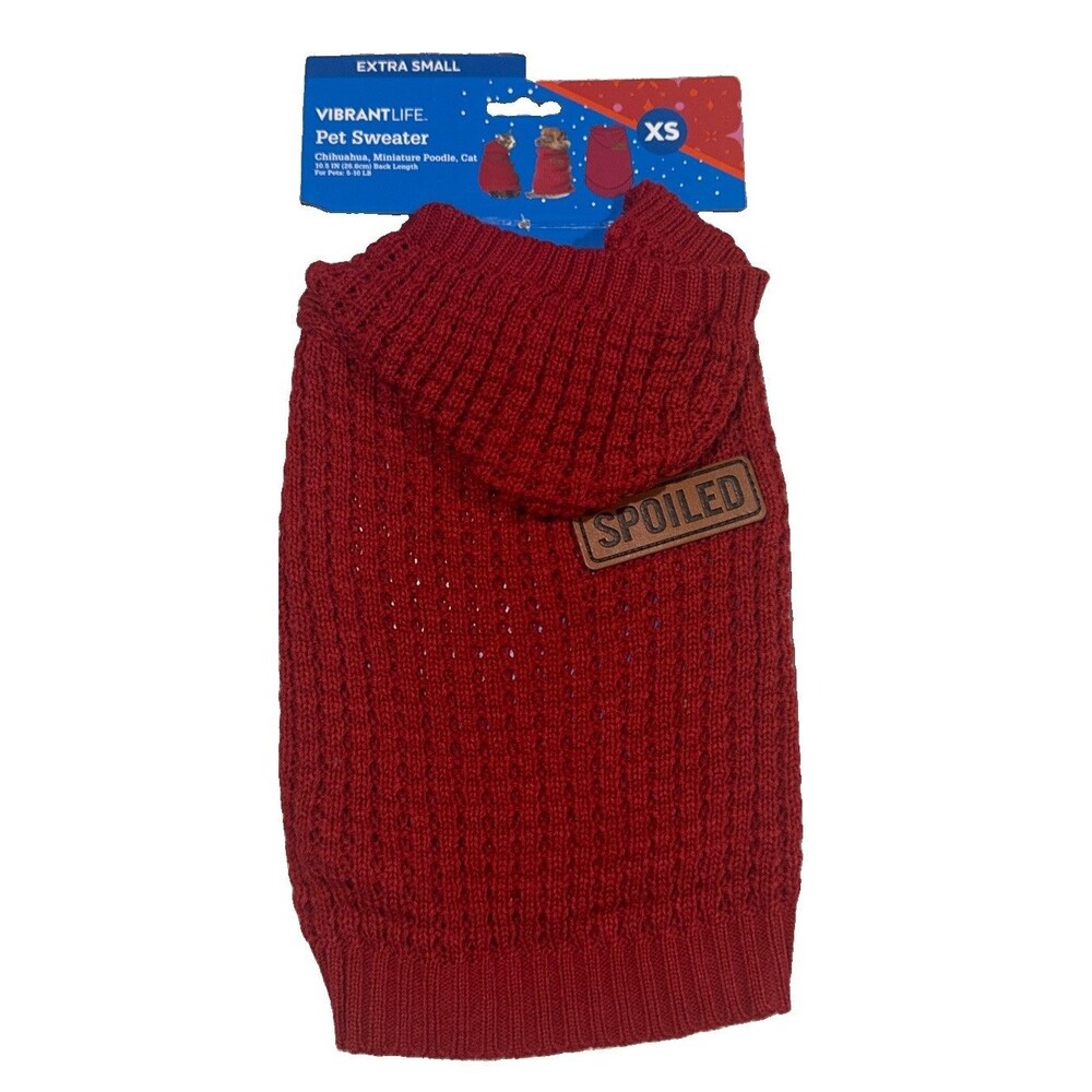 Vibrant Life Spoiled Red Hooded Pet Sweater for Dog or Cat, XS 5–10 lb